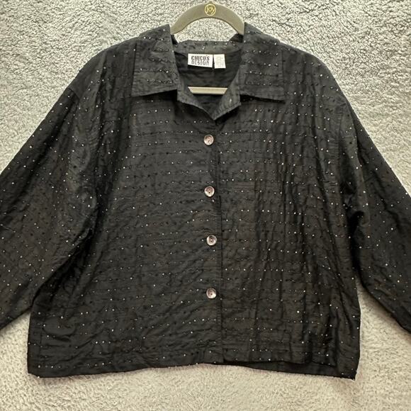 Chico's Design Size 3 (XL) 100% Silk Black Jacket Colorful Beads Lined ButtonUp - Picture 2 of 11